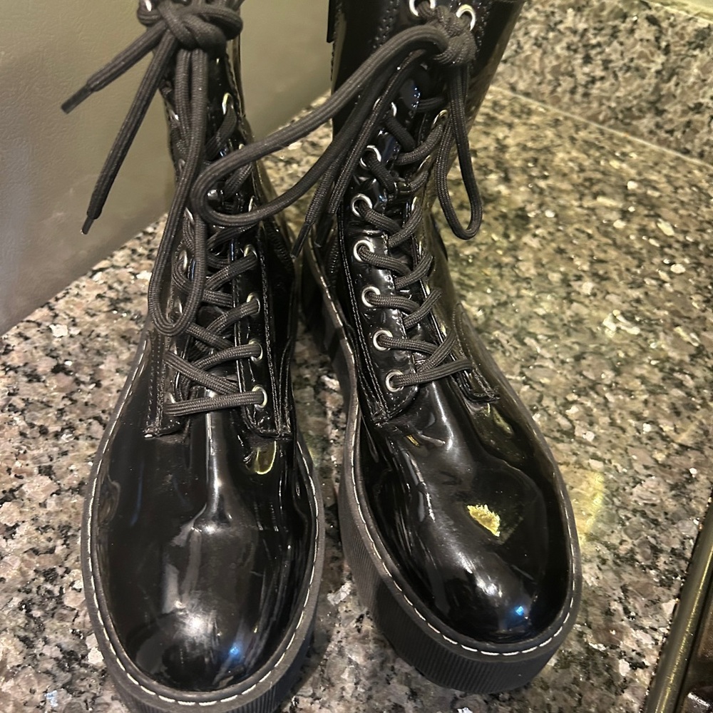 Divided Shiny Black Combat Boots
